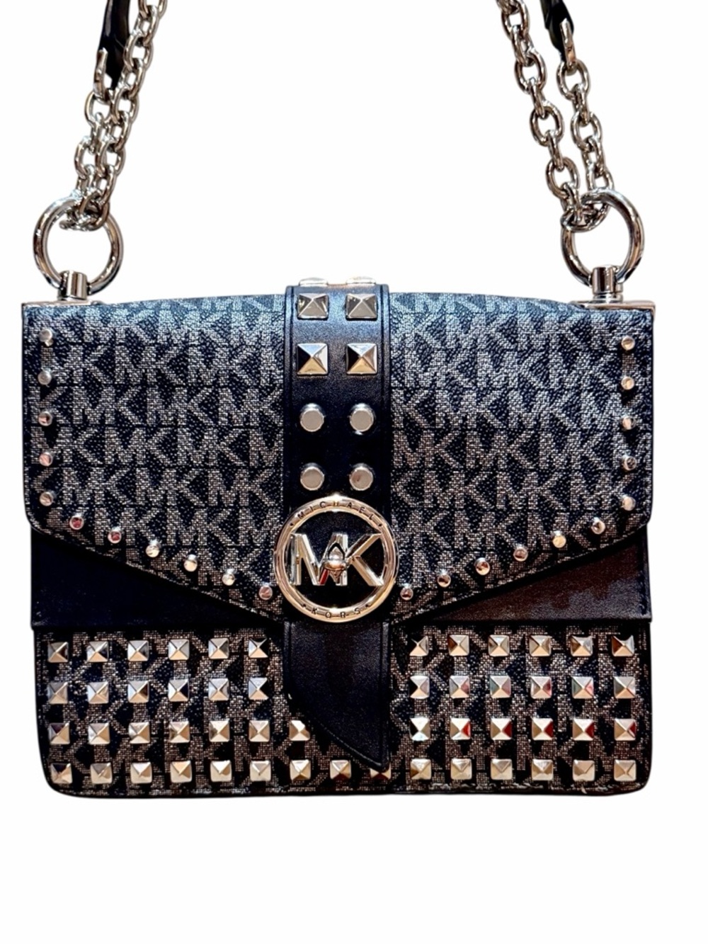 MICHAEL KORS Greenwich Small Studded Metallic Logo Crossbody Bag 🖤🩶🖤 - Picture 3 of 8